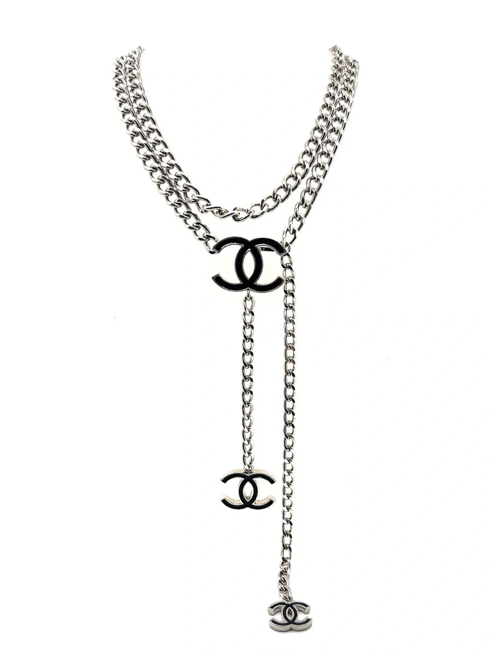 Chanel Vintage A12 Enamel Black Silver Metal Waist Chain Neck Chain